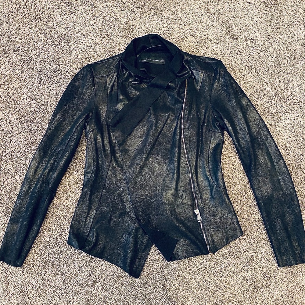 Zara women faux suede cross drape Moto jacket
